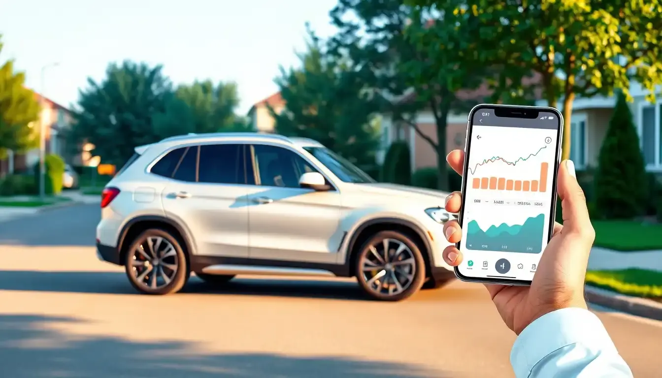 Smartphone zeigt Finanzübersicht vor einem modernen Auto auf einer Straße