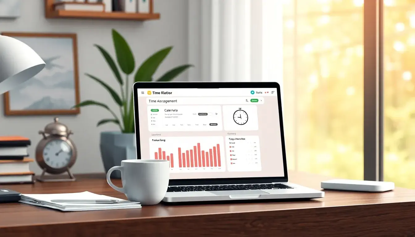 Moderner Laptop auf Schreibtisch zeigt Zeitmanagement Software für Zeitspanne berechnen